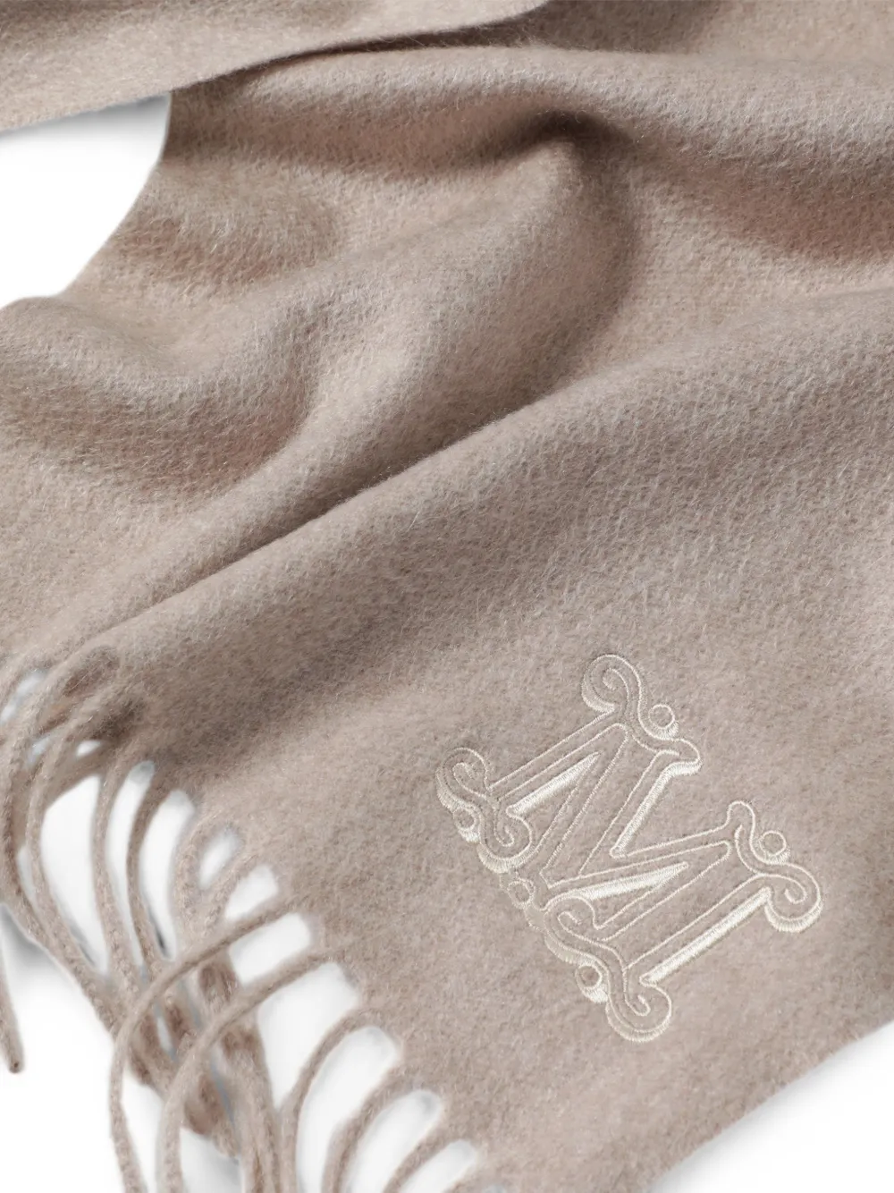 Max Mara Sjaal met geborduurd monogram en franje Beige