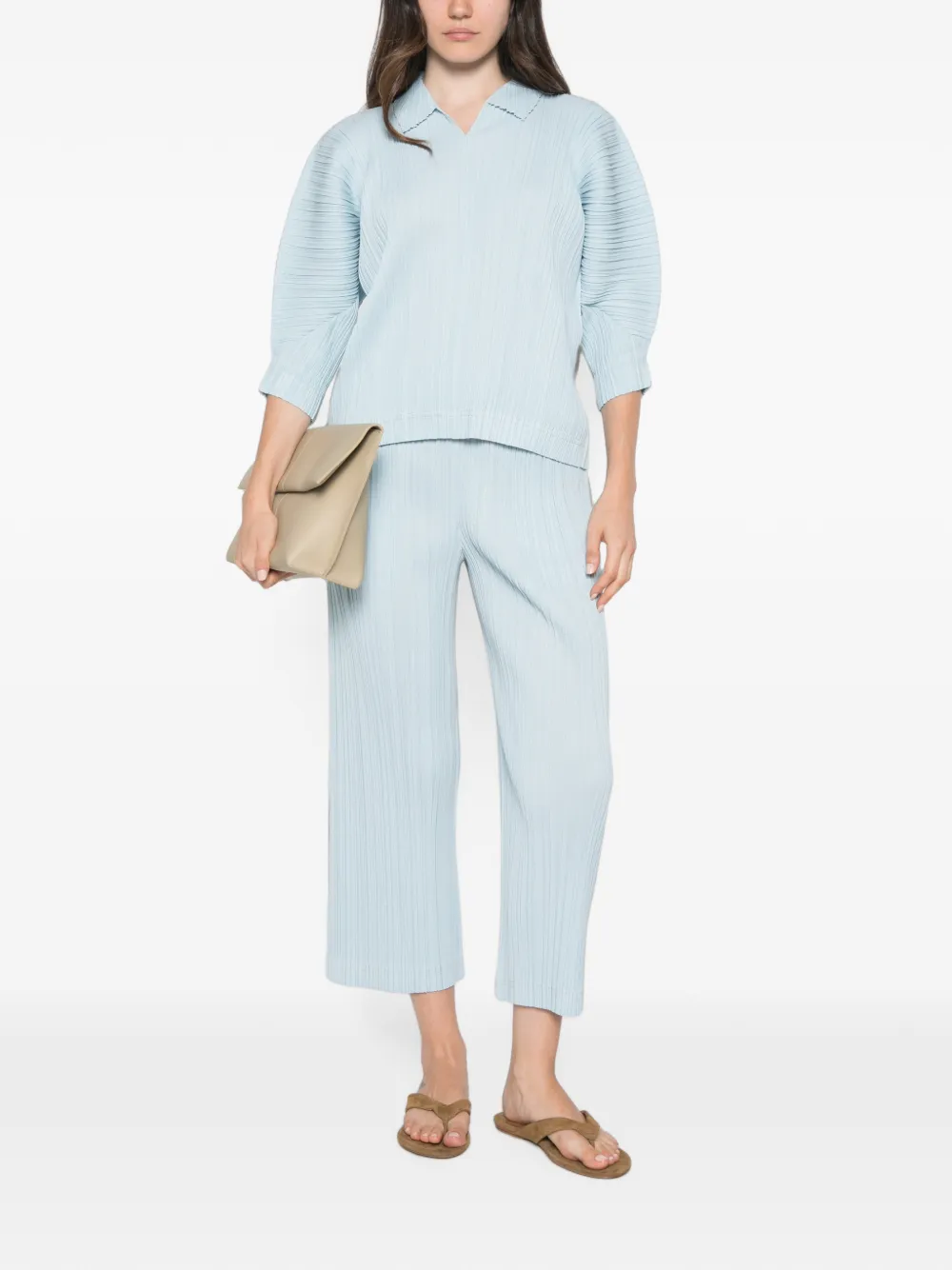 Pleats Please Issey Miyake T-shirt met V-hals Blauw
