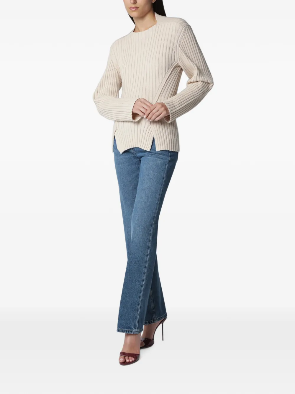 Victoria Beckham Geribbelde trui met zijsplit Beige