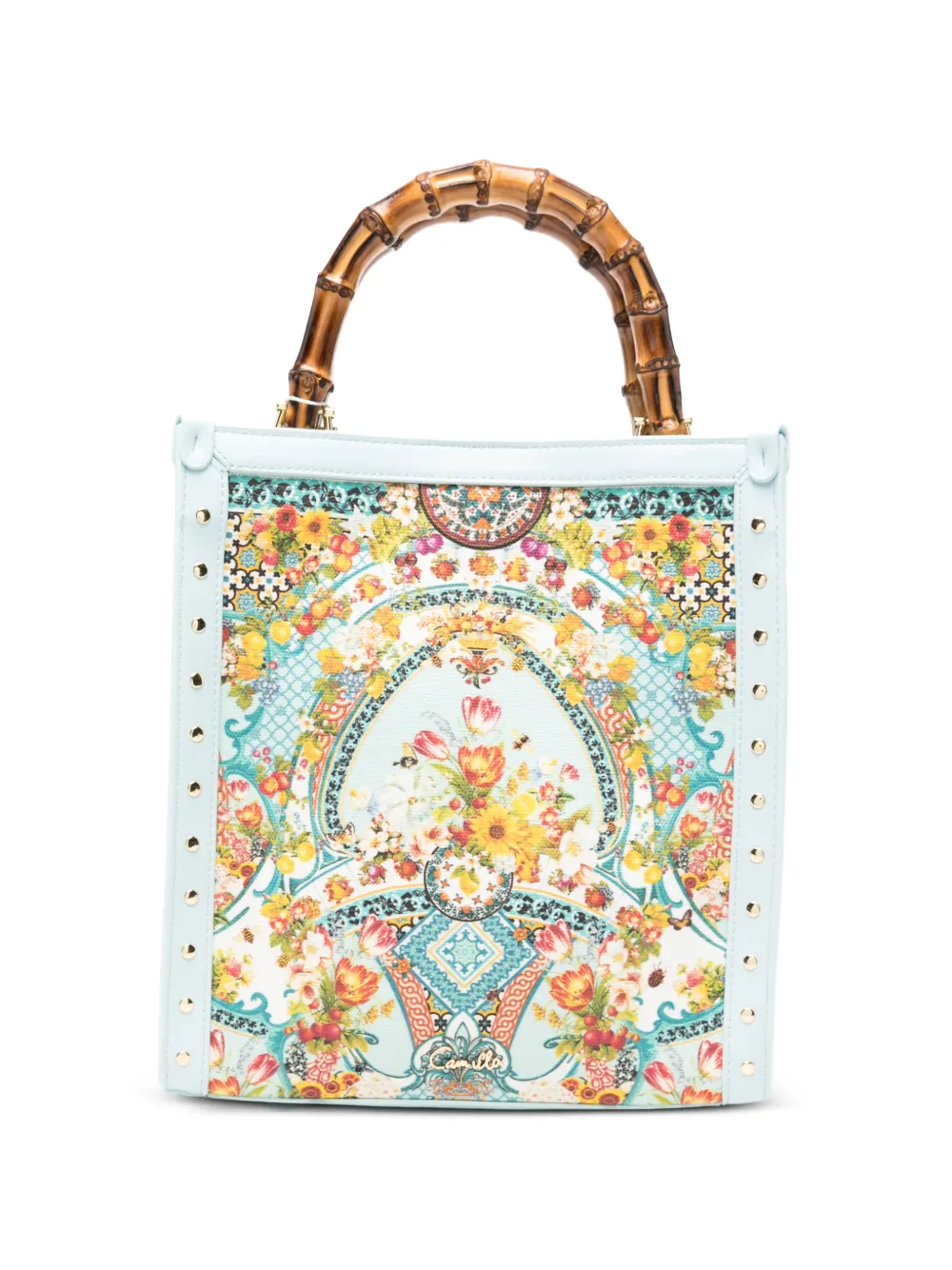 Camilla North South floral-print bamboo-handle tote bag - Blu