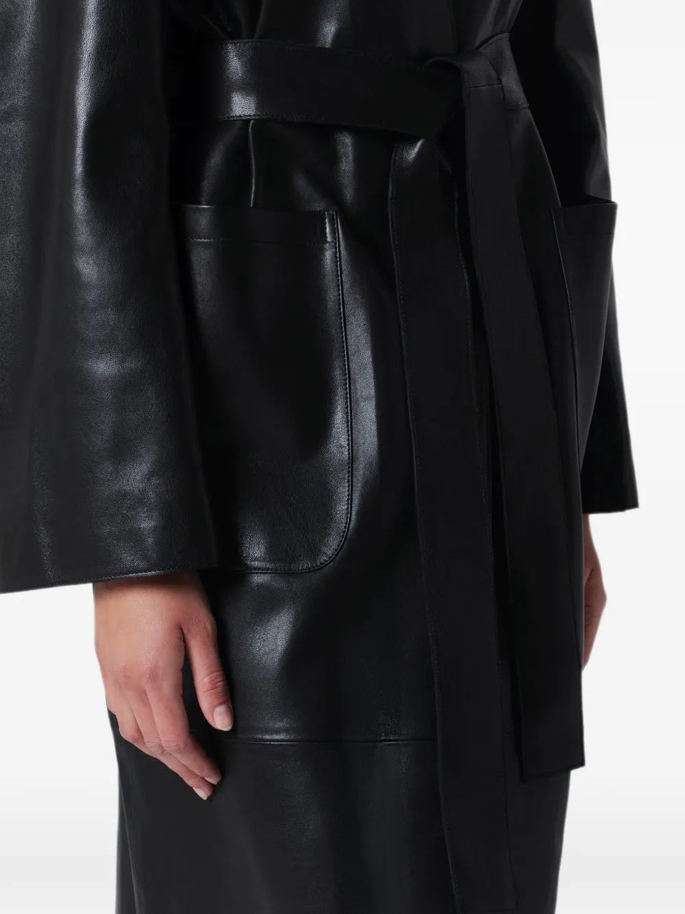 Nour Hammour Ruelle Belted Leather Trench Coat in Black, view 4