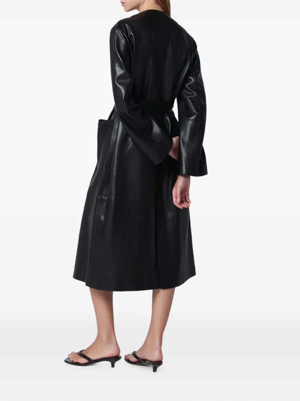Nour Hammour Ruelle Belted Leather Trench Coat in Black, view 3
