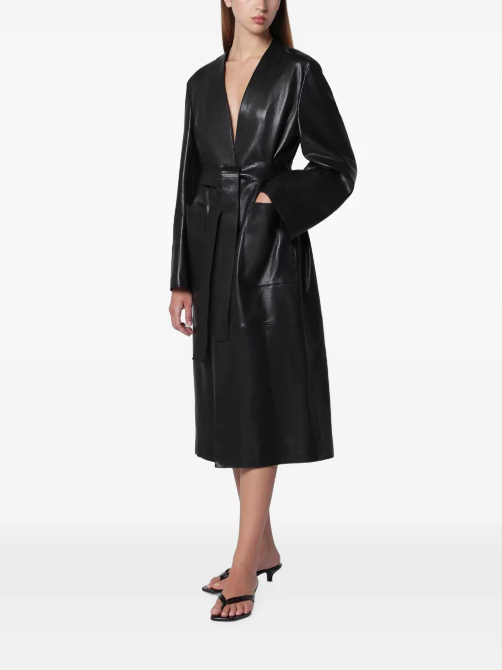 Nour Hammour Ruelle Belted Leather Trench Coat in Black, view 2