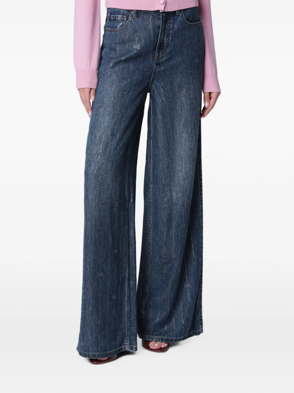 Self-Portrait rhinestone-embellished bow-print jeans - Blu