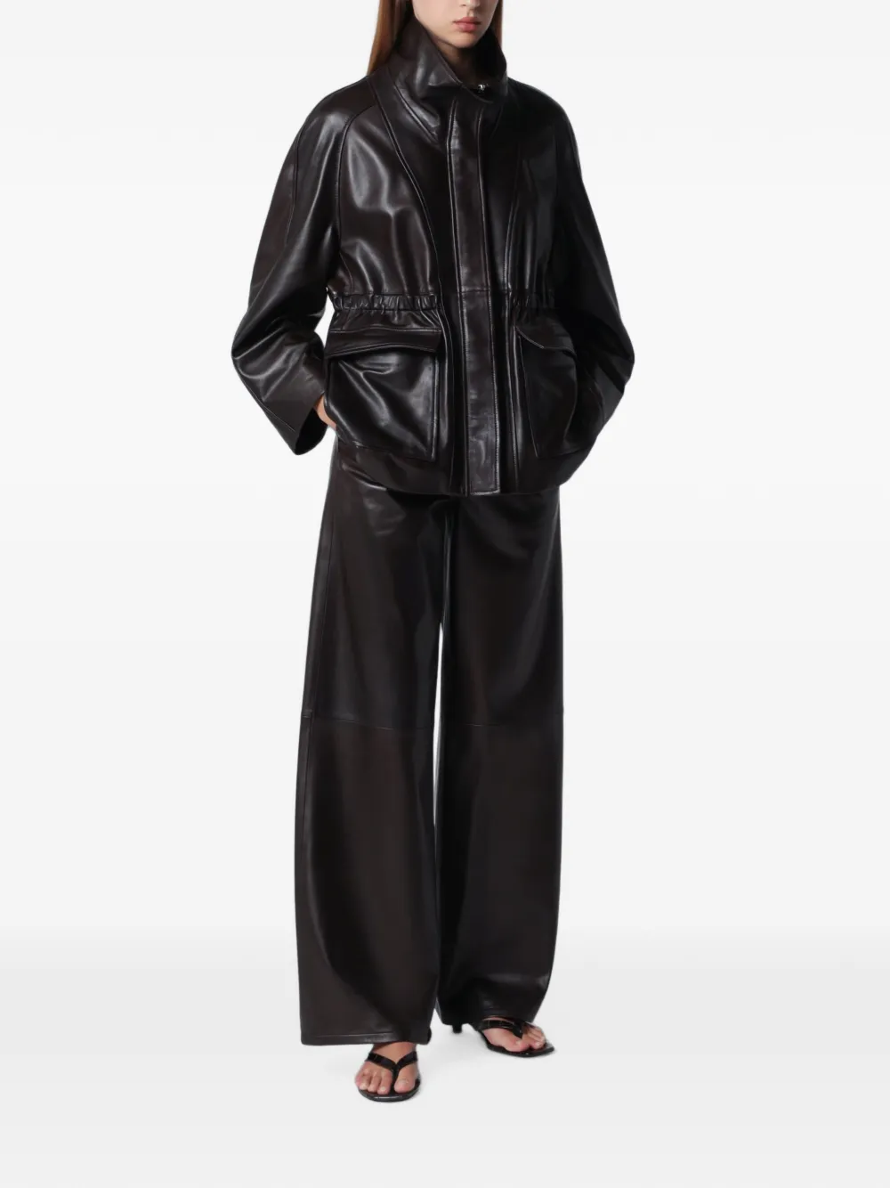 Nour Hammour Coda Wide-leg Leather Trousers in Brown, view 2