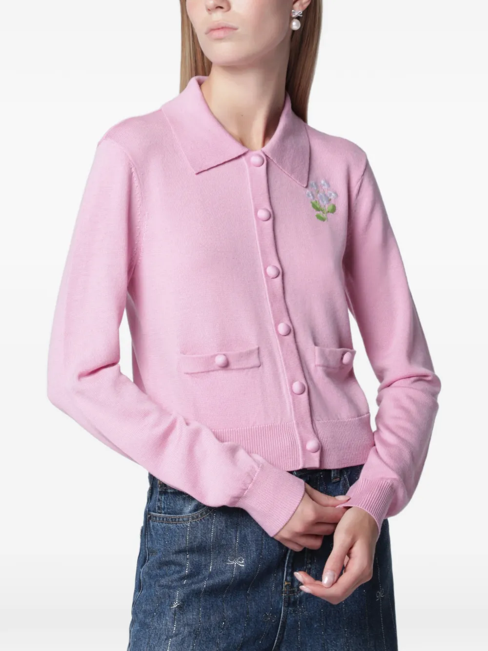 Self-Portrait flower-embroidered knit cardigan - Pink