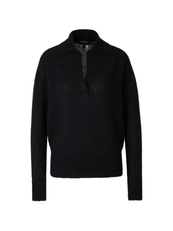 Tom Ford Ultrasoft Cashmere-silk Oversized Open Polo Collar Sweater in Black