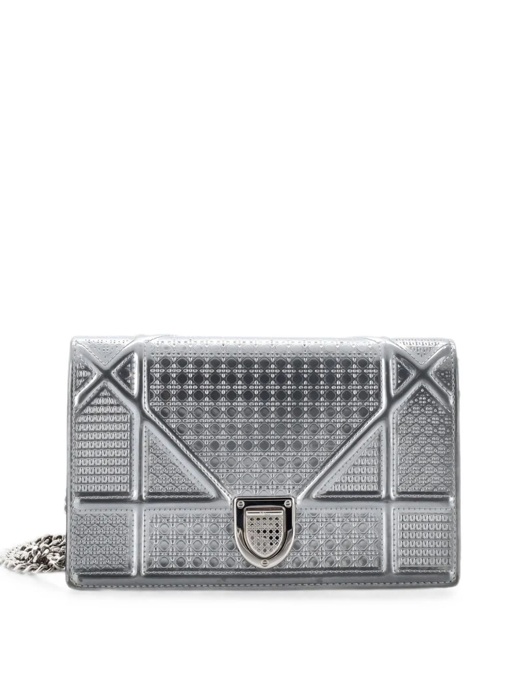 Pre-owned Dior Ama Wallet On Chain Cannage Embossed Calfskin Clutch Bag In Silver