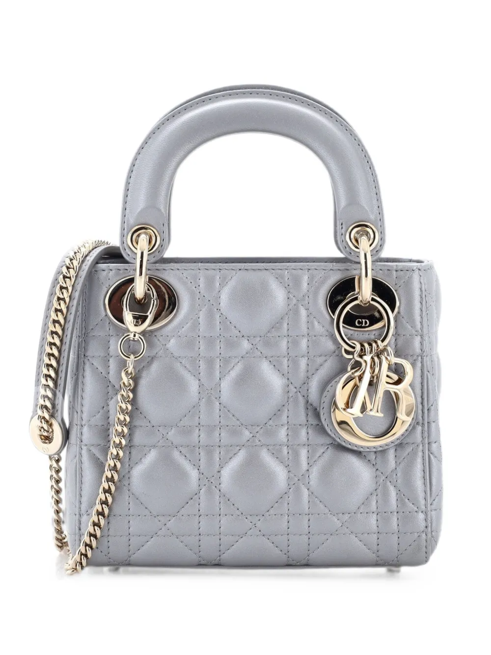 Pre-owned Dior Lady  Chain Bag Cannage Quilt Lambskin Mini Satchel In Gray