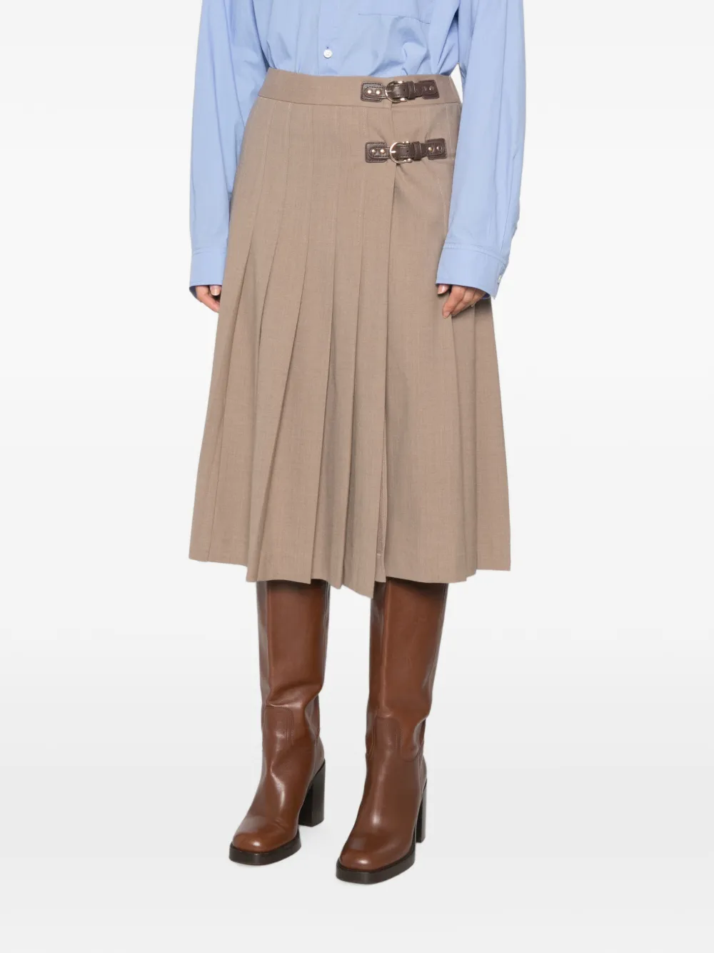 Maje buckle-detail midi pleated skirt Beige