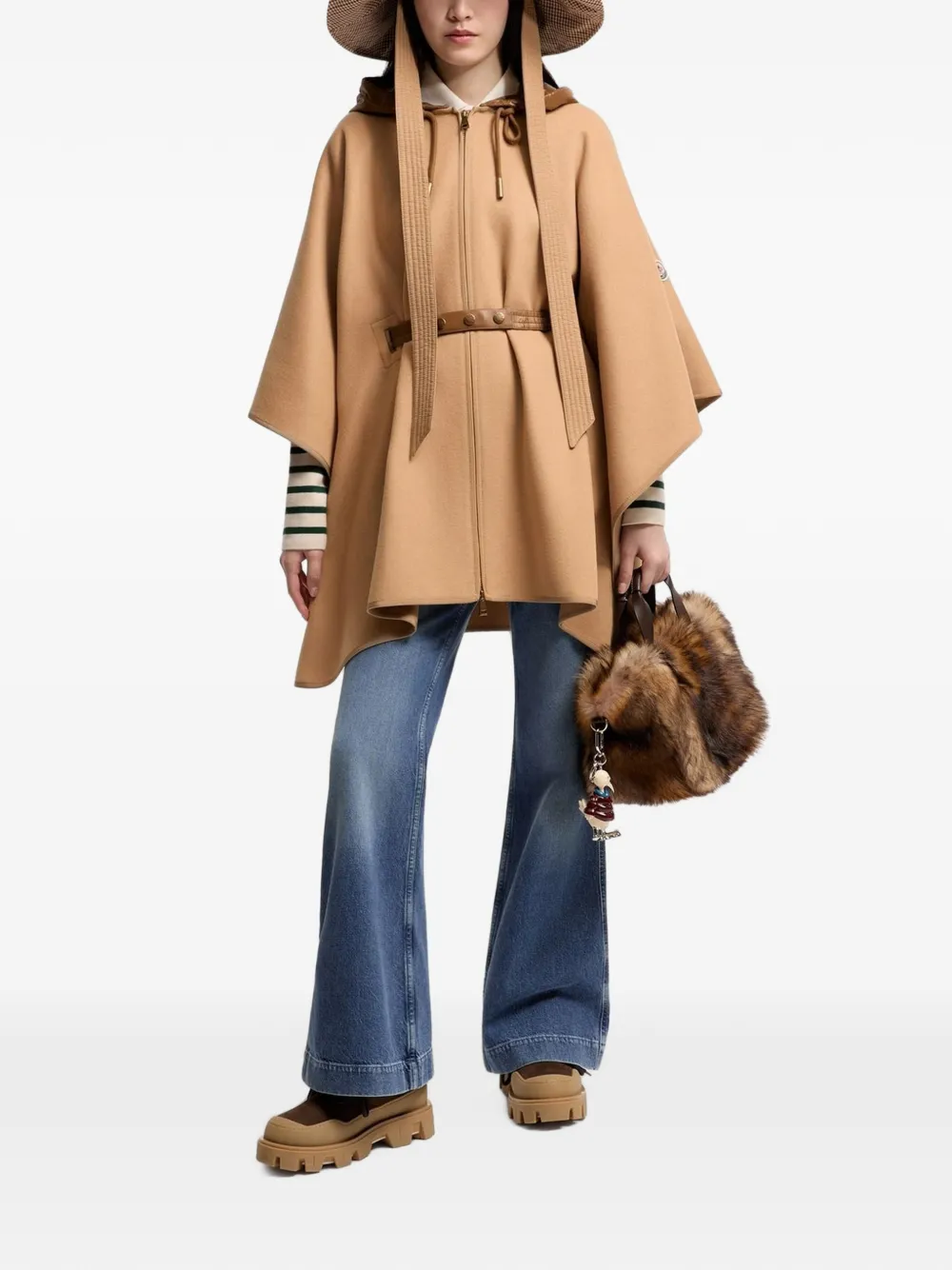 Moncler Cape met capuchon en ceintuur Beige