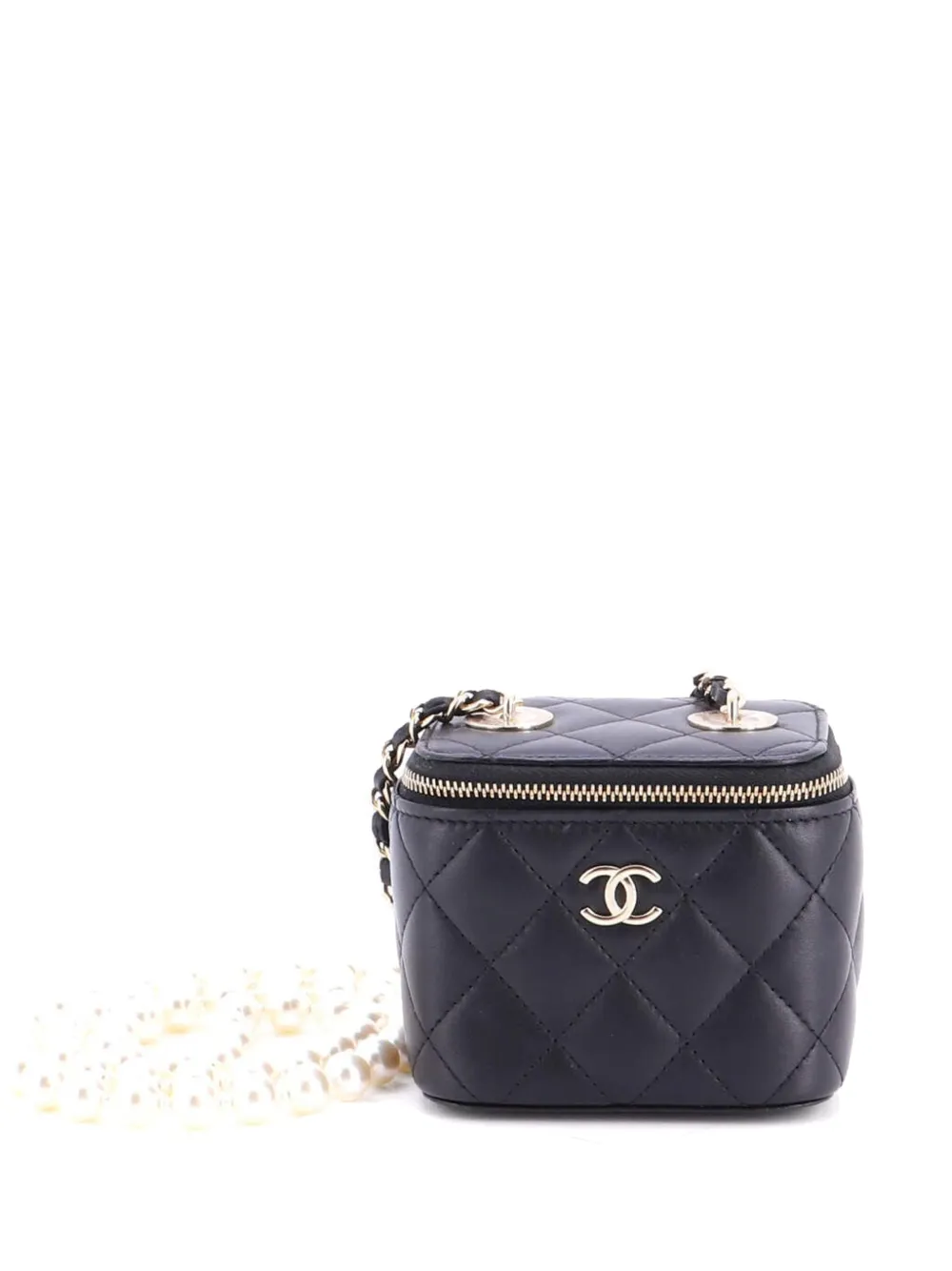 CHANEL Pre-Owned Vanity Case with Pearl Chain Quilted Lambskin Mini clutch bag - Black