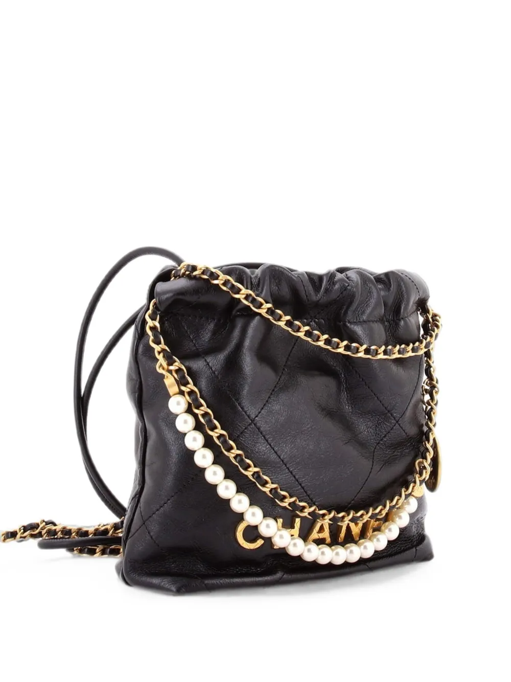 CHANEL Pre-Owned 22 Chain Hobo Quilted Calfskin with Pearl Chain Mini crossbody bag - Nero