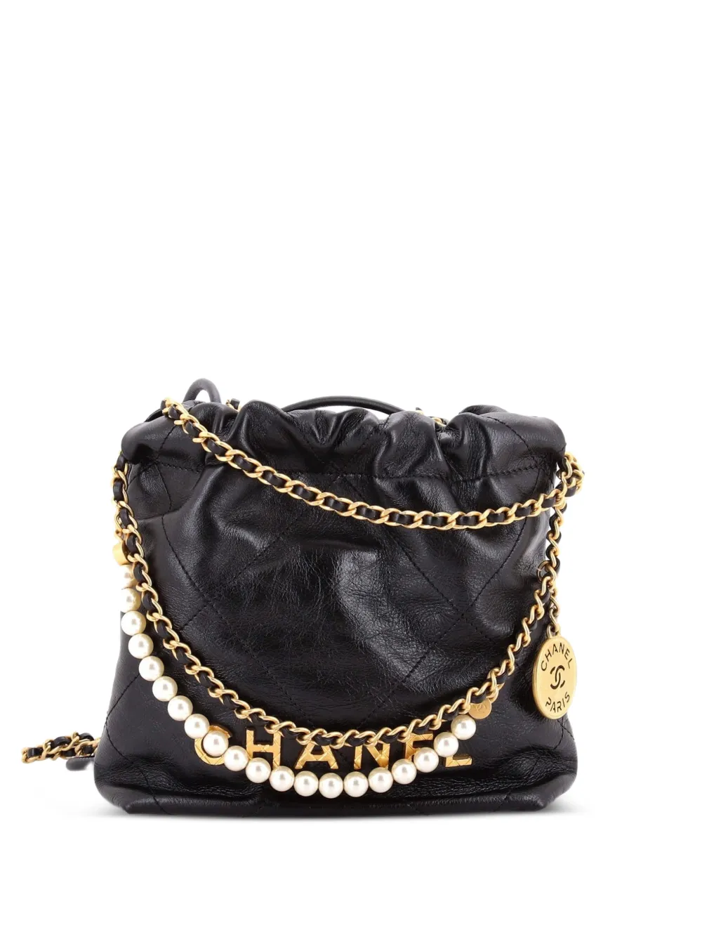 CHANEL Pre-Owned 22 Chain Hobo Quilted Calfskin with Pearl Chain Mini crossbody bag - Black