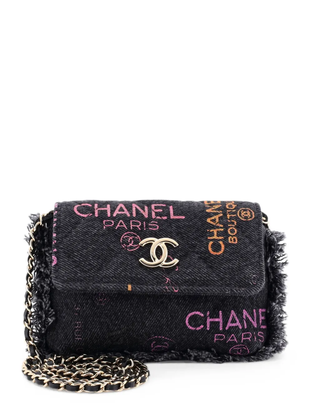 CHANEL Pre-Owned Denim Mood Flap Clutch with Chain Logo Printed Quilted Fringe Denim crossbody bag - Nero