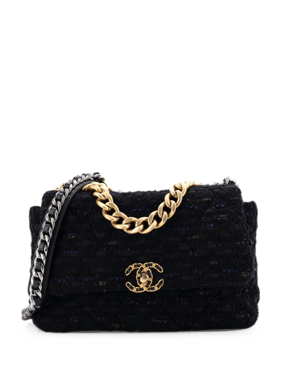 CHANEL Pre-Owned 19 Flap Bag Quilted Tweed and Ribbon Large crossbody bag - Black