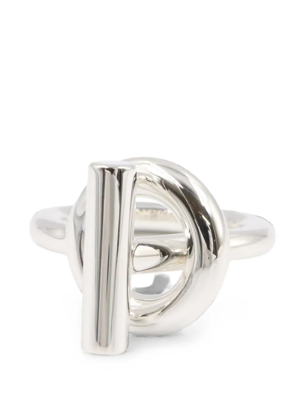Pre-owned Hermes Echape Engraved-logo Ring In Silver