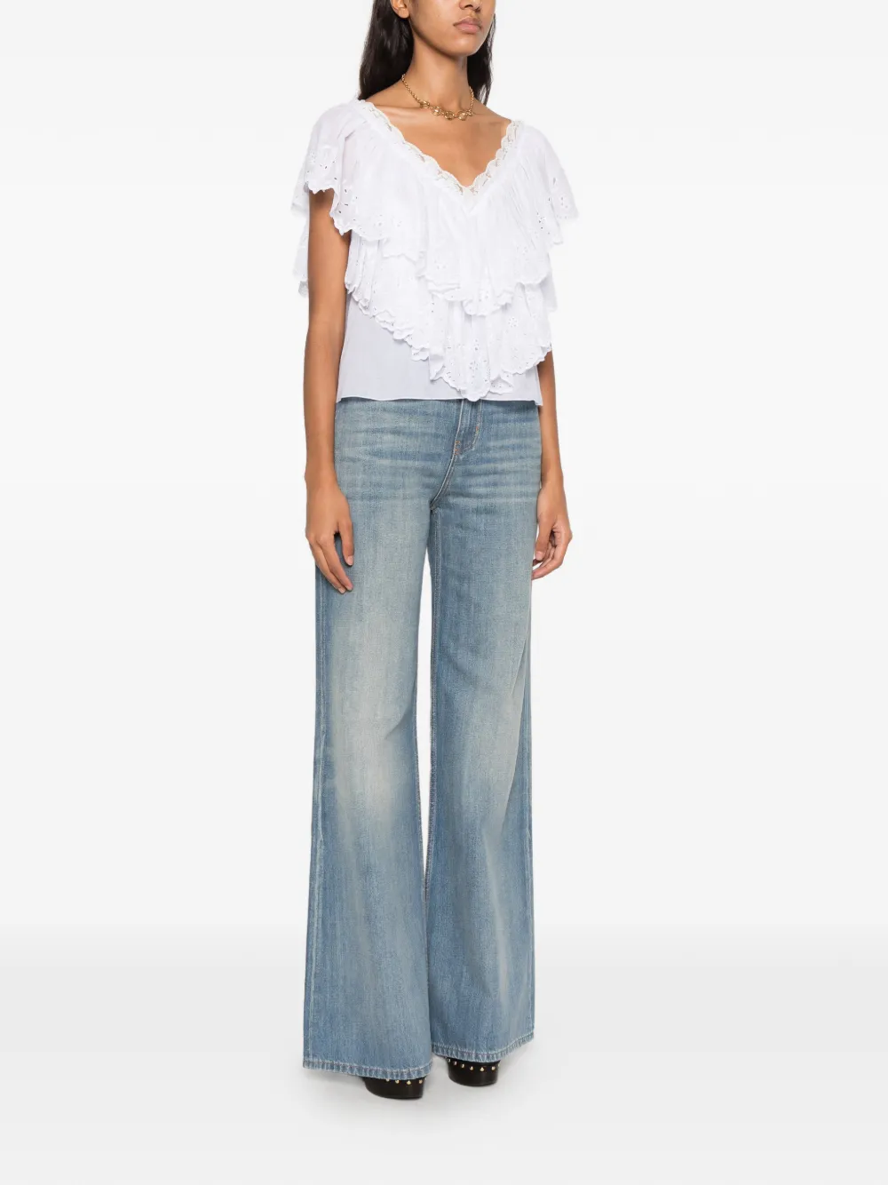 Chloé Cropped top met ruches en V-hals van katoenen voile & kant Wit