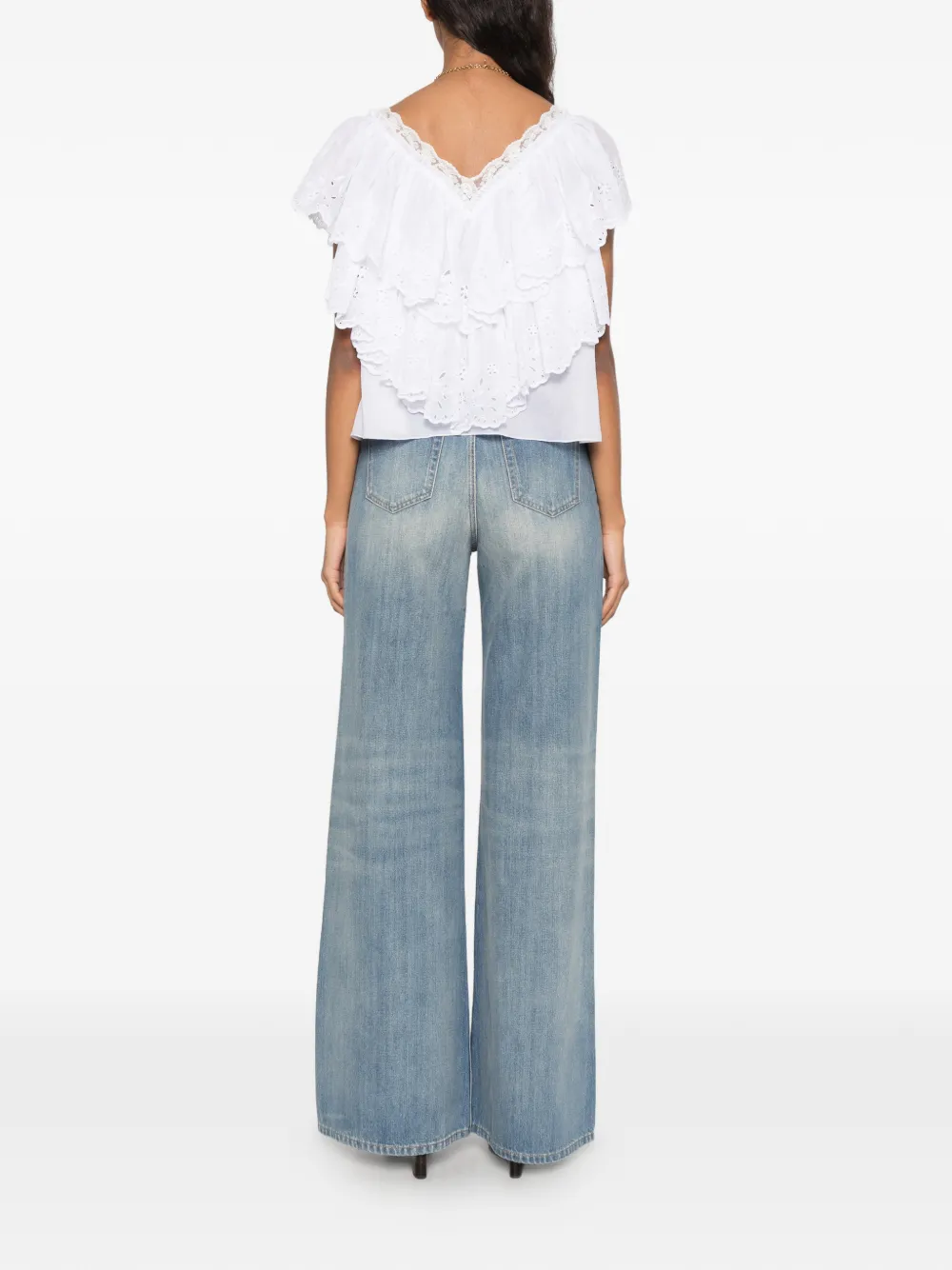 Chloé Cropped top met ruches en V-hals van katoenen voile & kant Wit