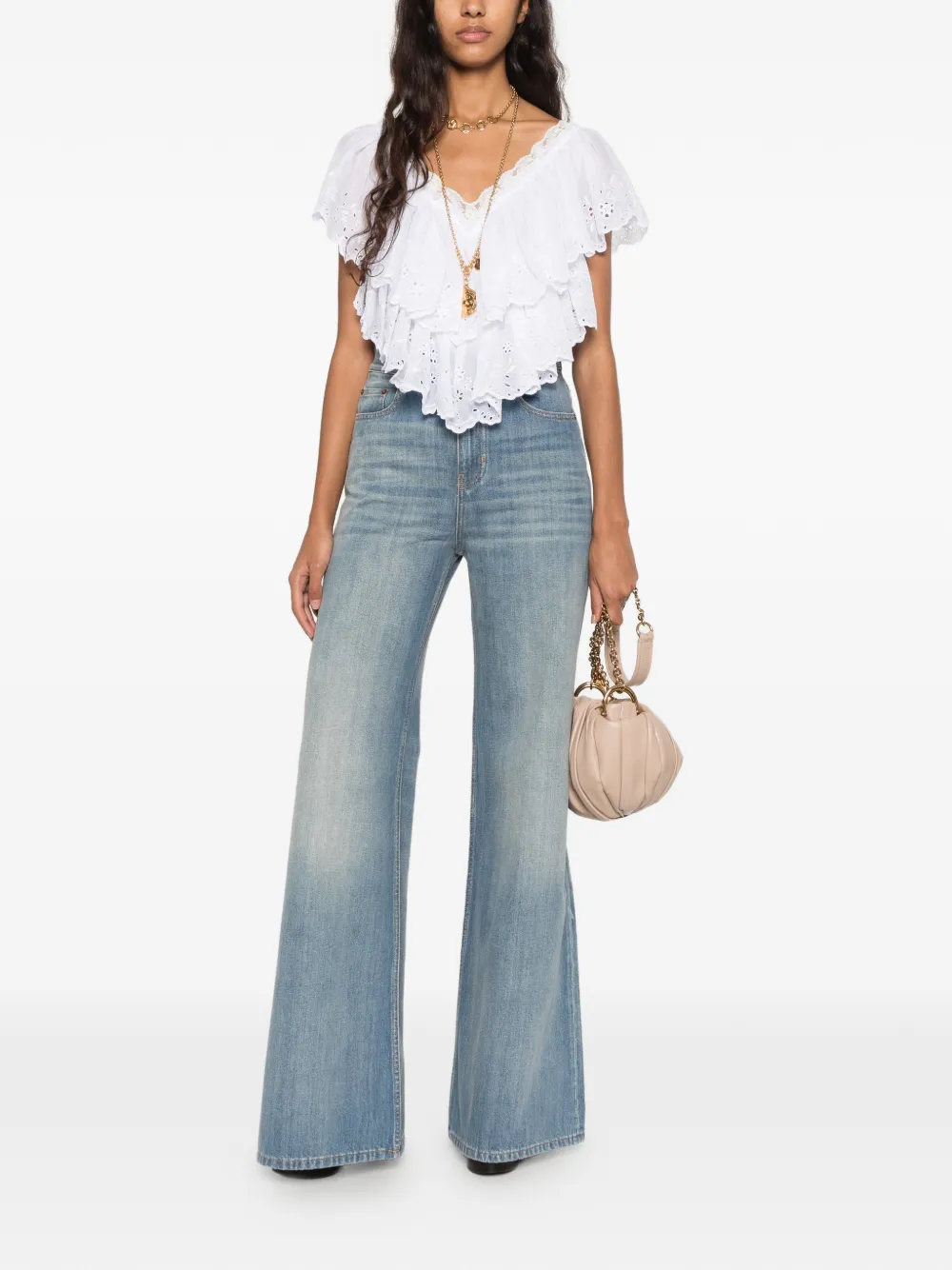 Chloé Cropped top met ruches en V-hals van katoenen voile & kant Wit