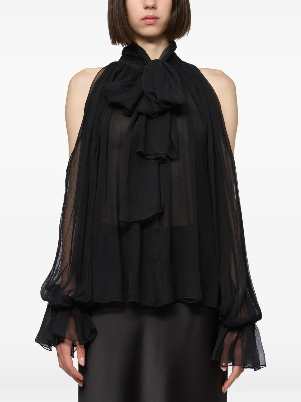 Atu Body Couture cold-shoulder pussy-bow blouse - Black
