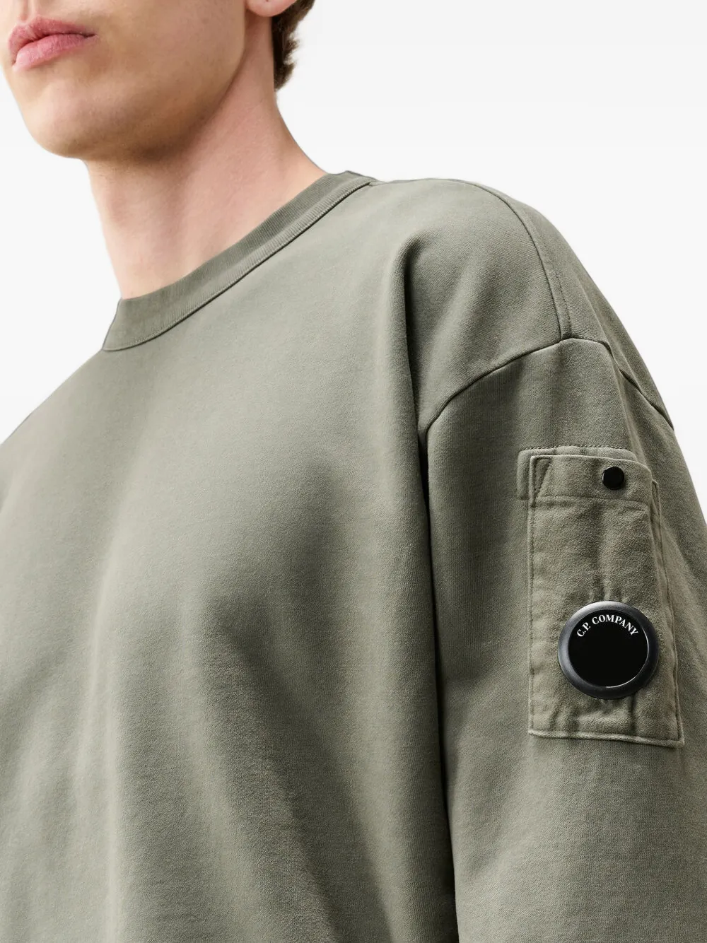 C.P. Company brushed and emerized diagonal fleece mixed boxy Lens crewneck sweatshirt Grijs