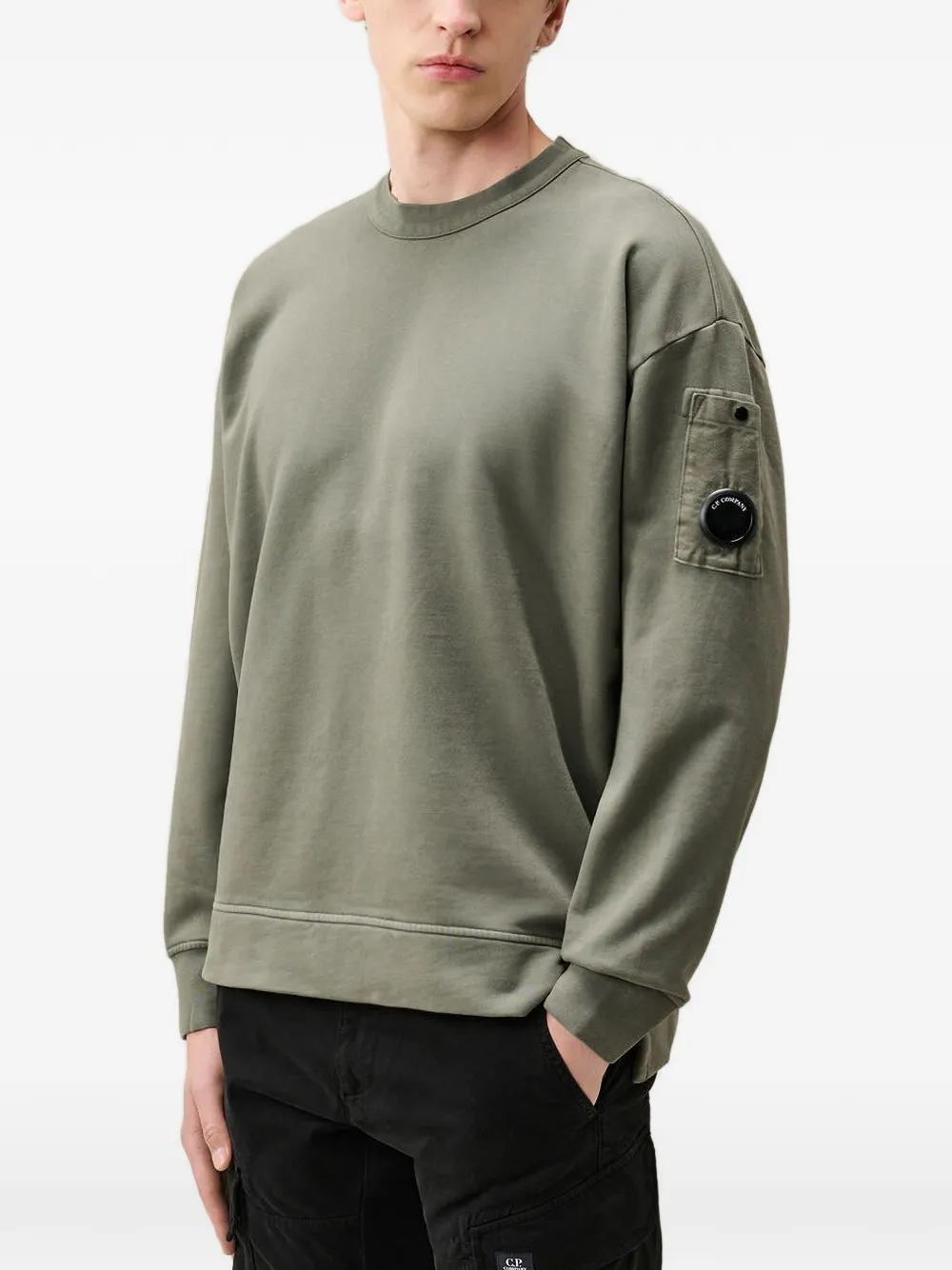 C.P. Company brushed and emerized diagonal fleece mixed boxy Lens crewneck sweatshirt Grijs
