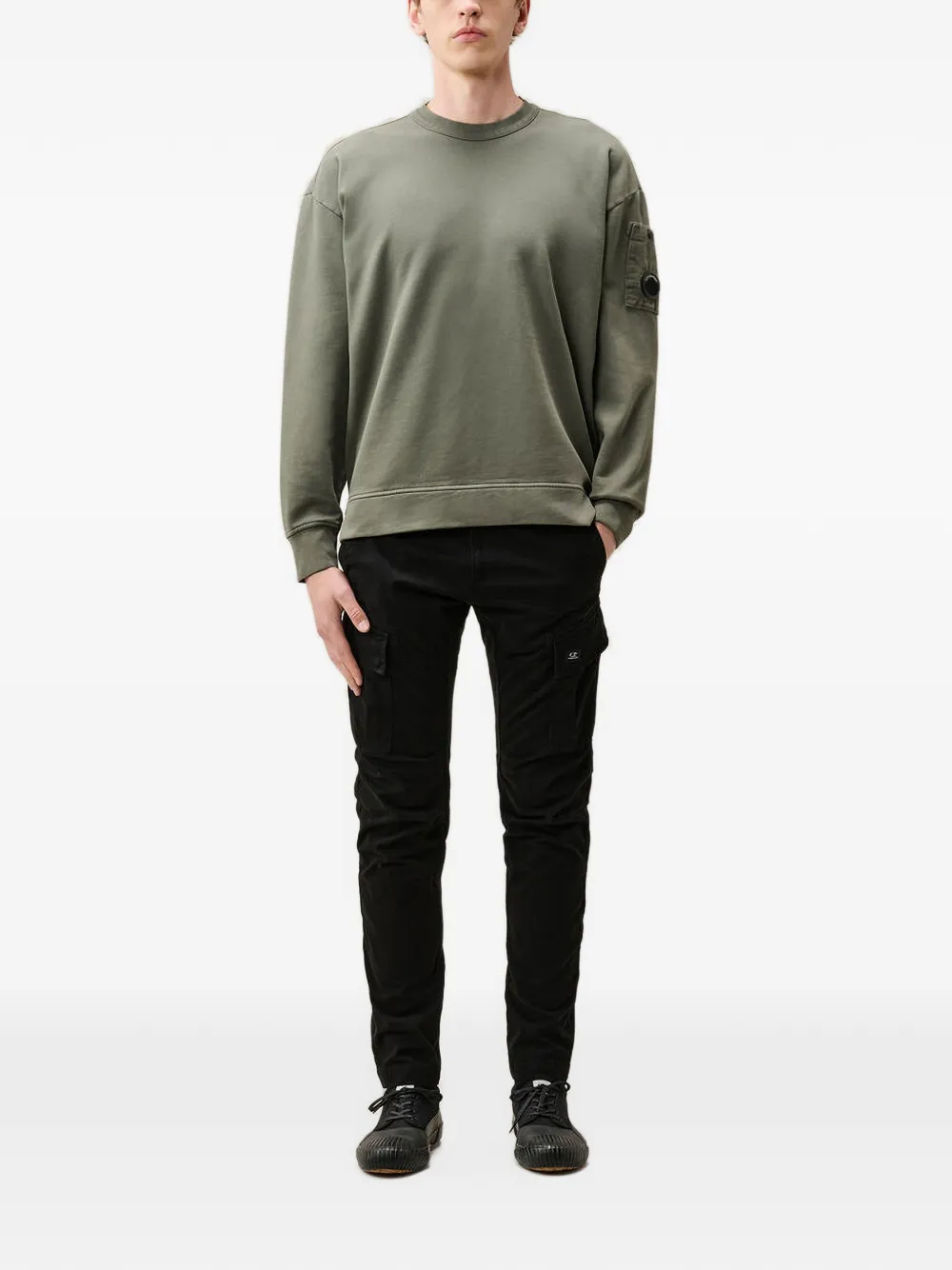 C.P. Company brushed and emerized diagonal fleece mixed boxy Lens crewneck sweatshirt Grijs