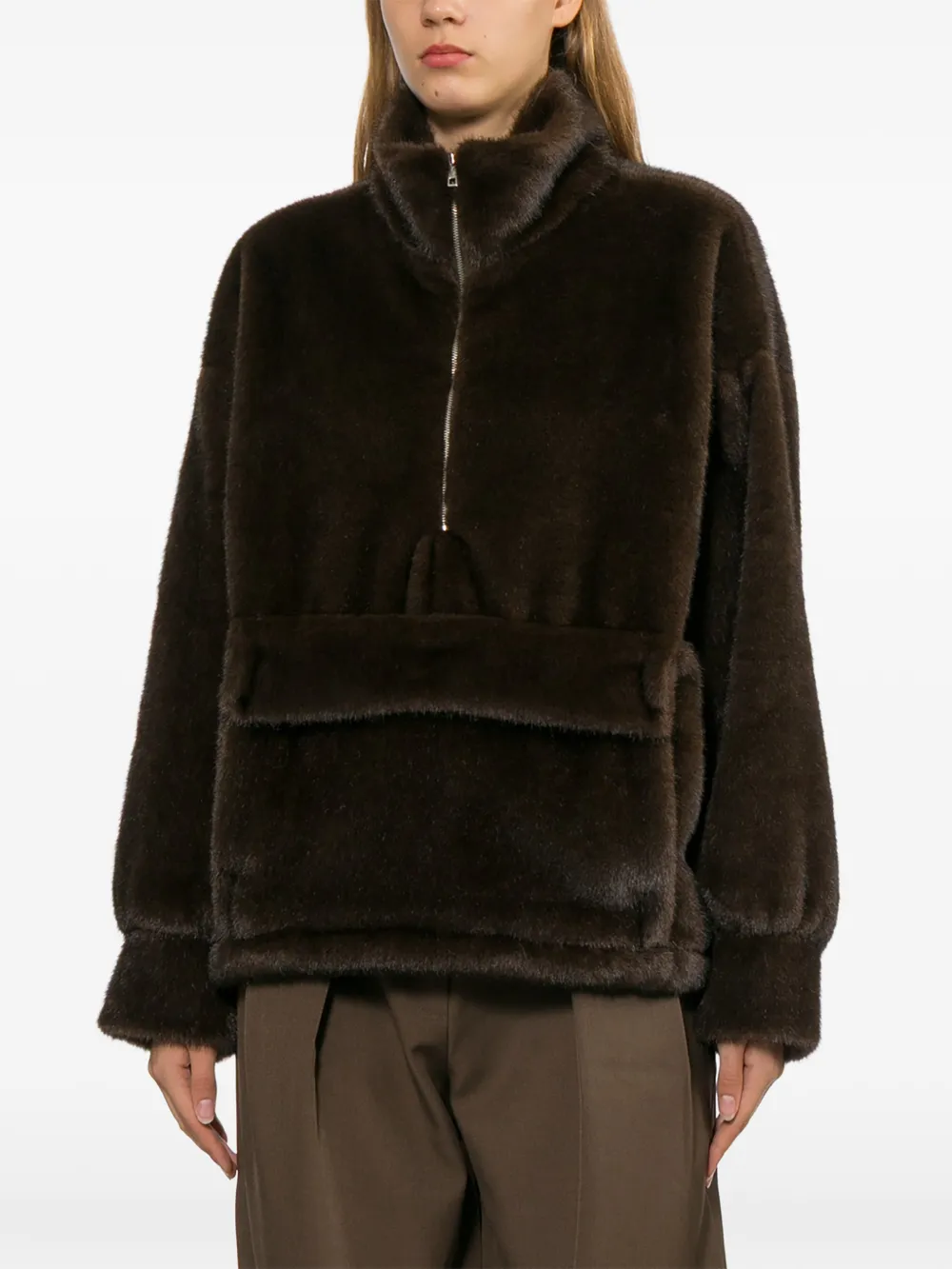 SOURCE UNKNOWN Hoodie van imitatiebont met kwartrits Bruin