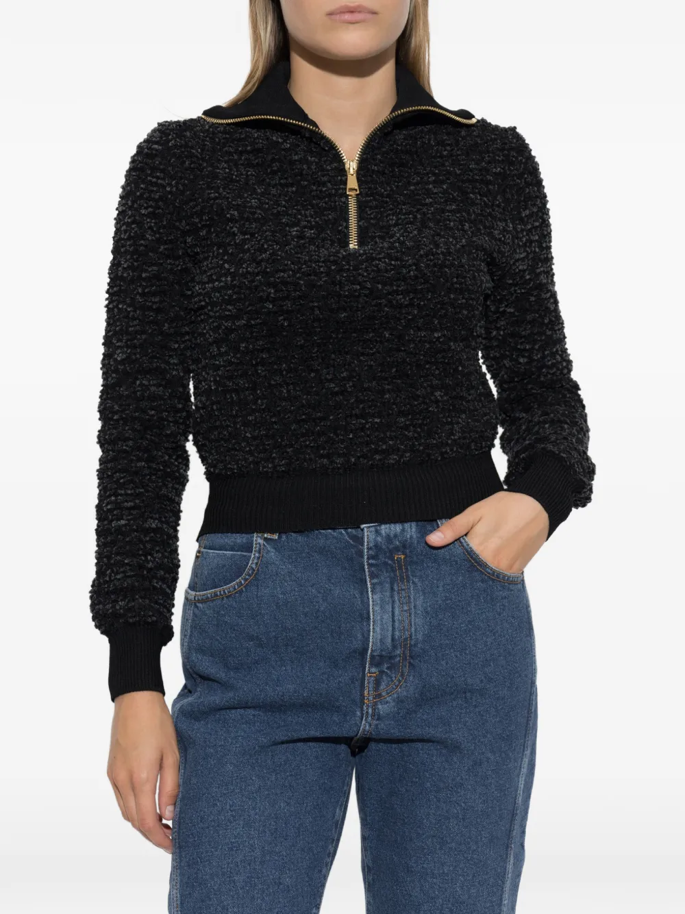 Balmain Bouclé gebreide trui met kwartrits Zwart