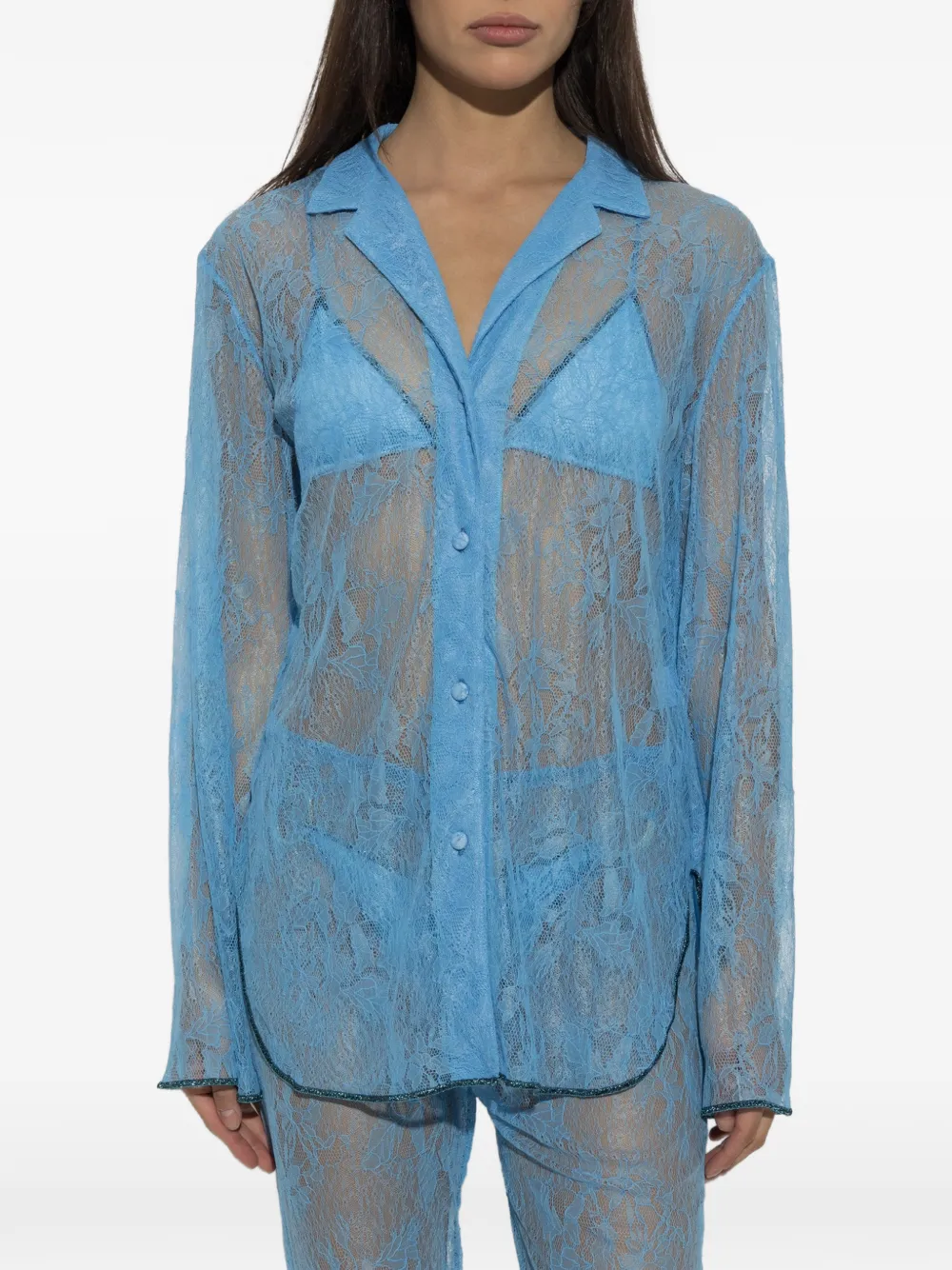 Oséree Shirt met bloemenkant Blauw