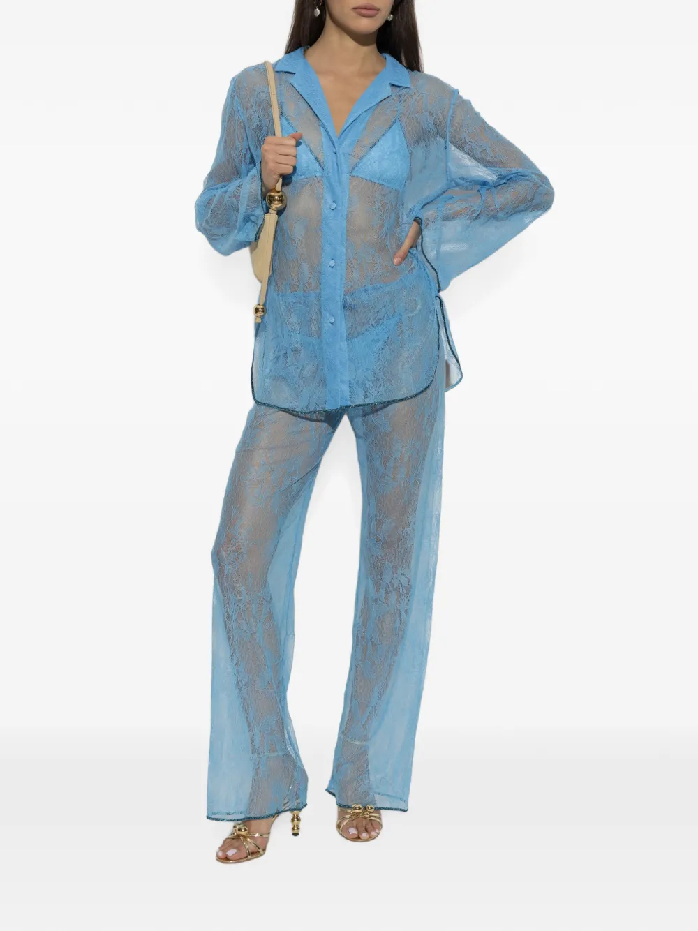 Oséree Shirt met bloemenkant Blauw