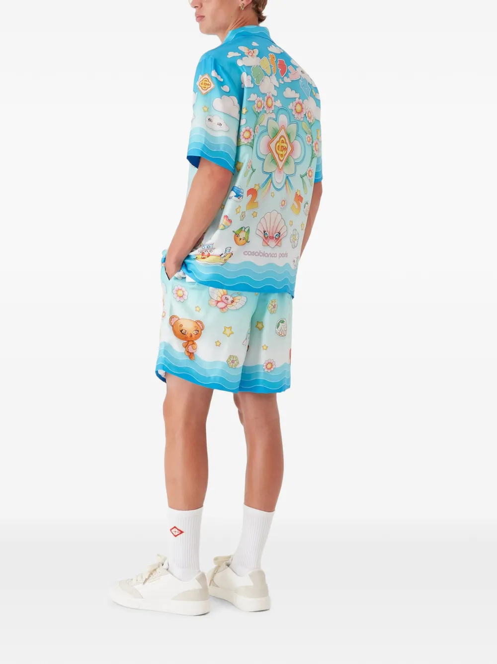 Casablanca Zijden twill shorts met Kawaii-patroon Blauw