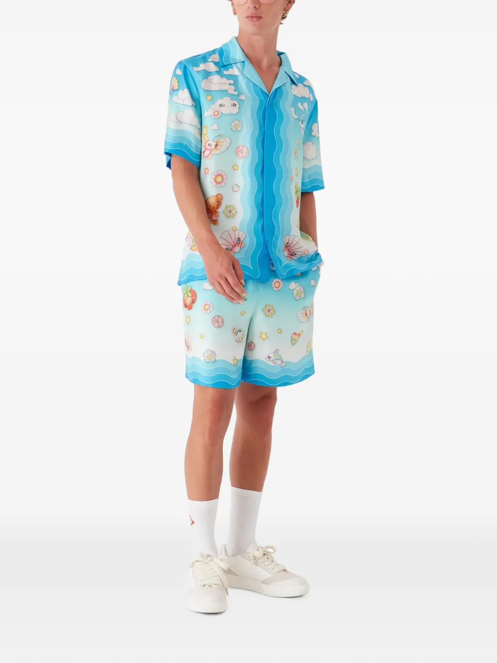 Casablanca Zijden twill shorts met Kawaii-patroon Blauw