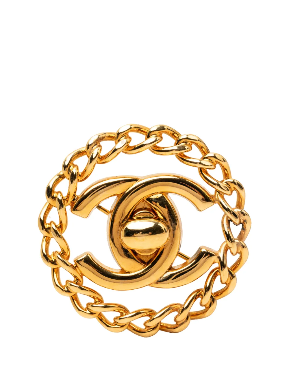 CHANEL Pre-Owned 1997 CC Gold Plated Turn Lock Chain Round Brooch costume brooch - Oro