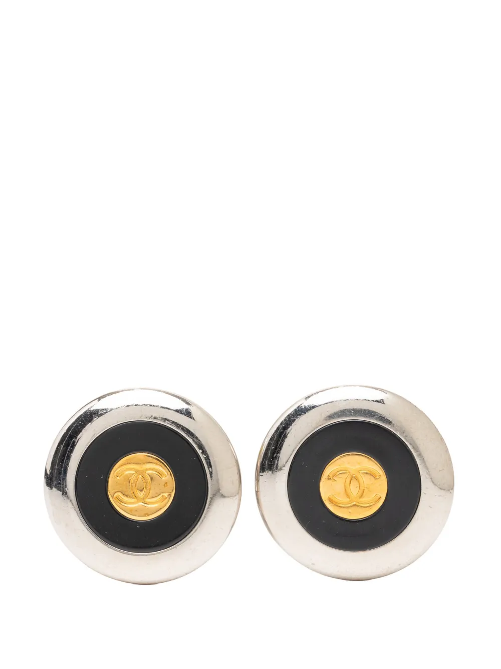 CHANEL Pre-Owned 1997 CC Brass Enamel Gold Plated Round Clip On Earrings costume earrings - Nero
