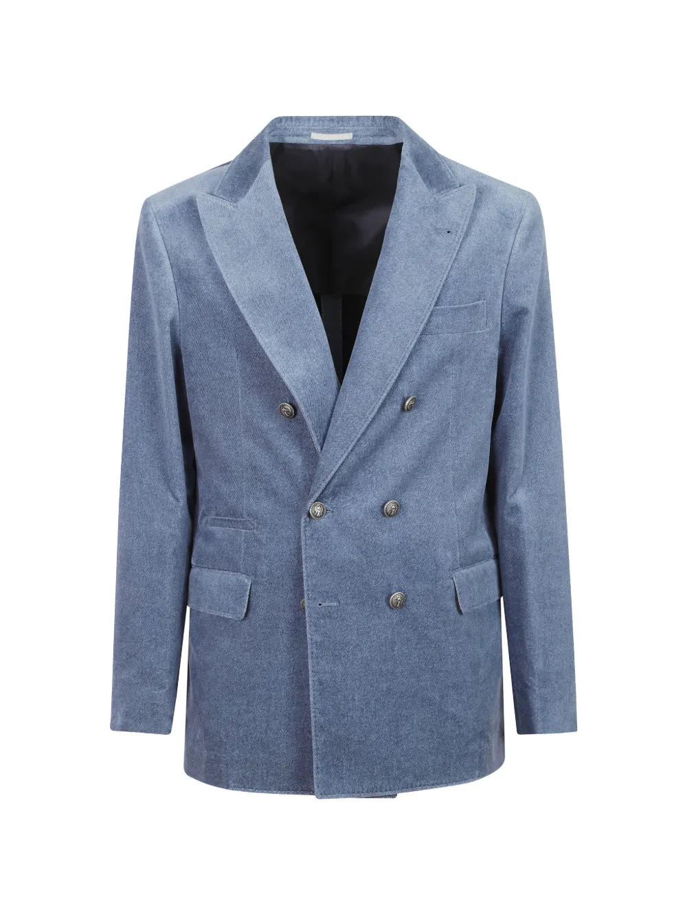 Brunello Cucinelli denim-effect cotton velvet one-and-a-half breasted tailor blazer with metal buttons - Blu