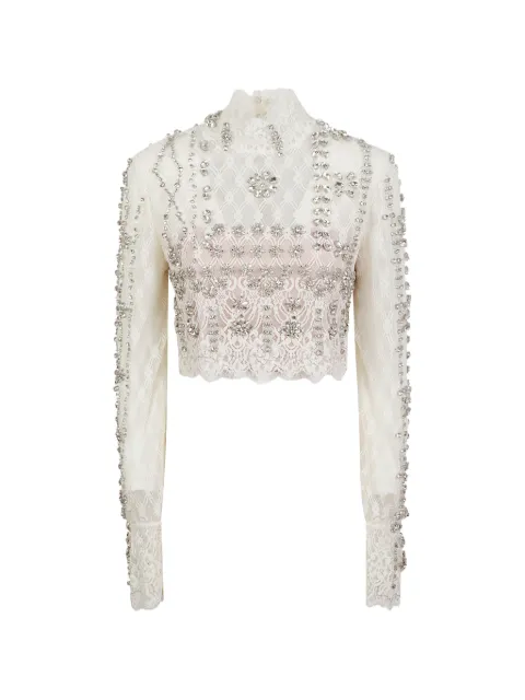 Costarellos crystal-embellished lace blouse