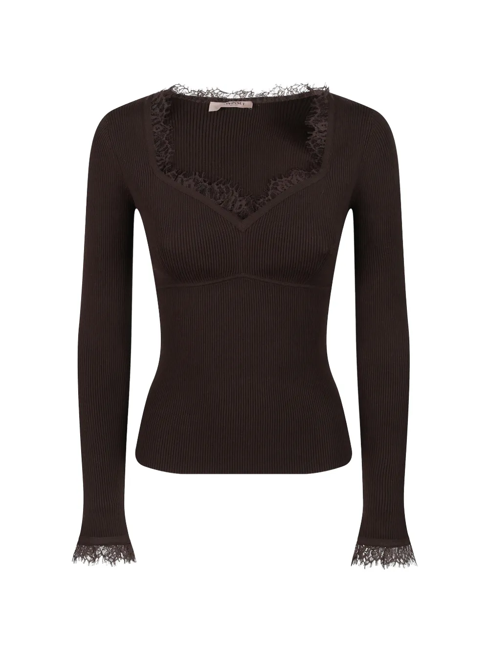 TWINSET Gerippter Strickpullover mit Spitzenbesatz - Braun
