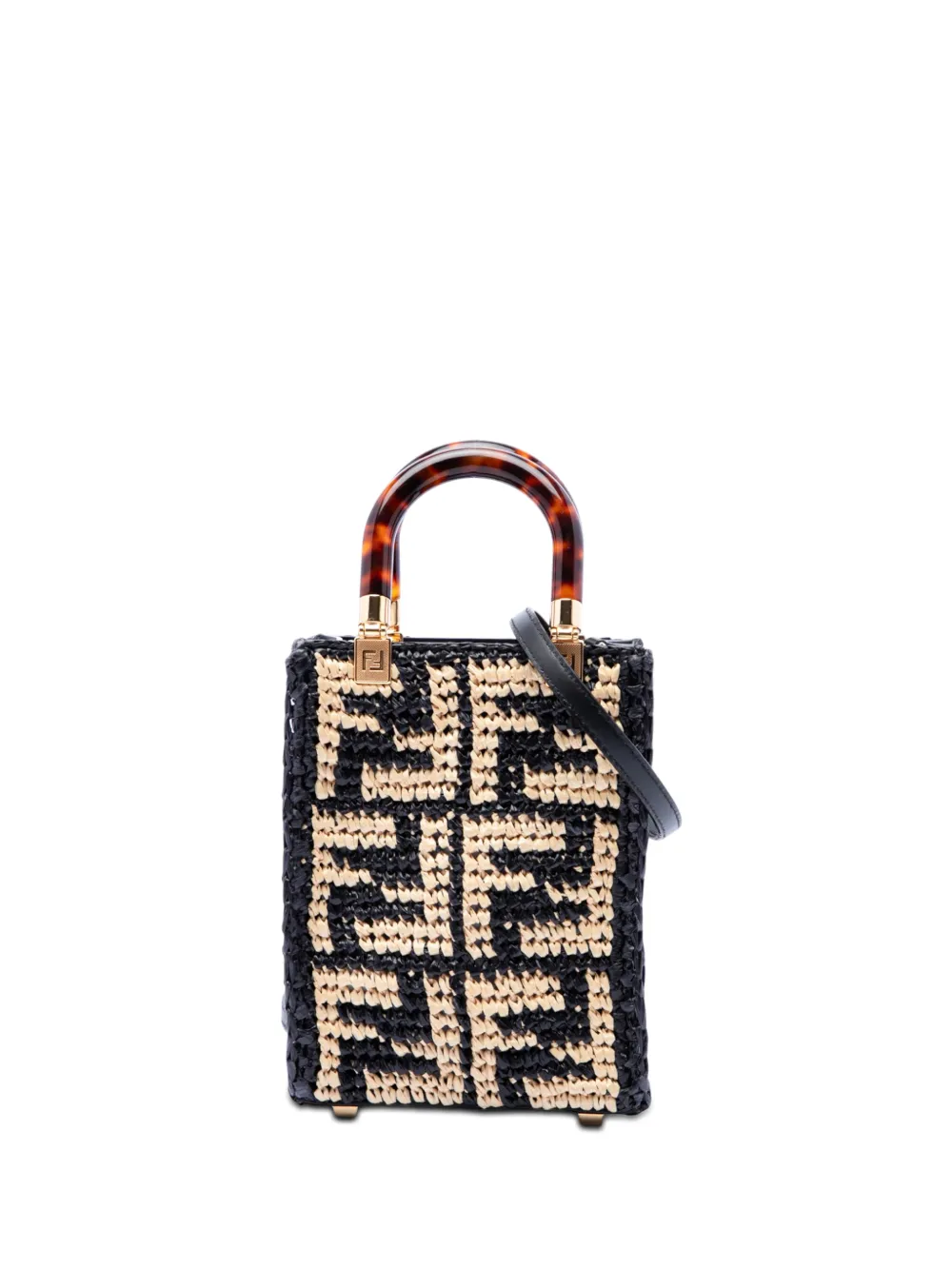 Fendi Pre-Owned 2010-2026 Mini Zucca Raffia Sunshine Shopper Tote satchel - Nero