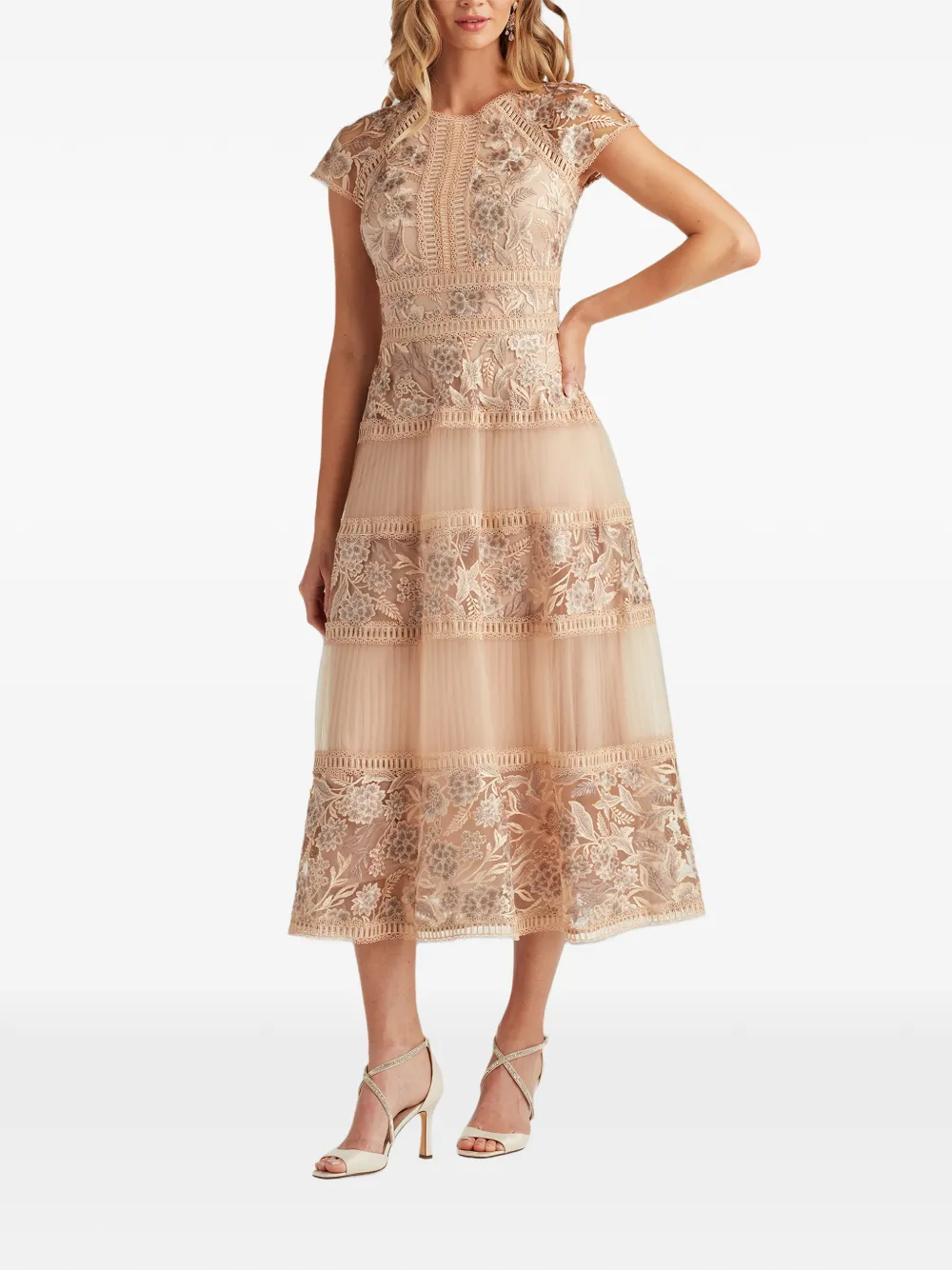 Tadashi Shoji Tamsin gelaagde midi-jurk met geborduurde bloemen Beige