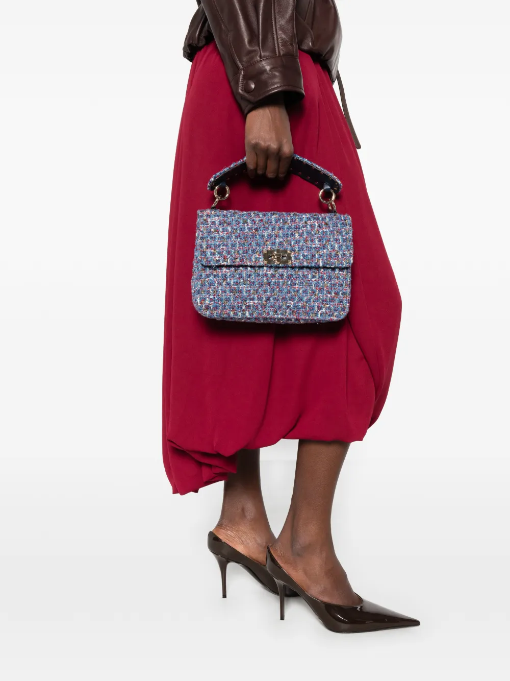Valentino Garavani Medium Rockstud tweed schoudertas Blauw