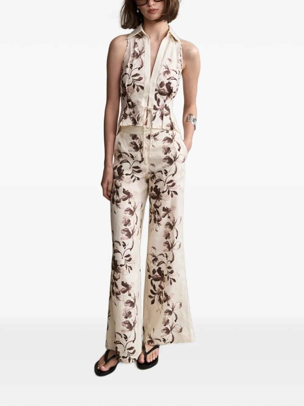 HEVRON Capri broek met bloemenprint Beige