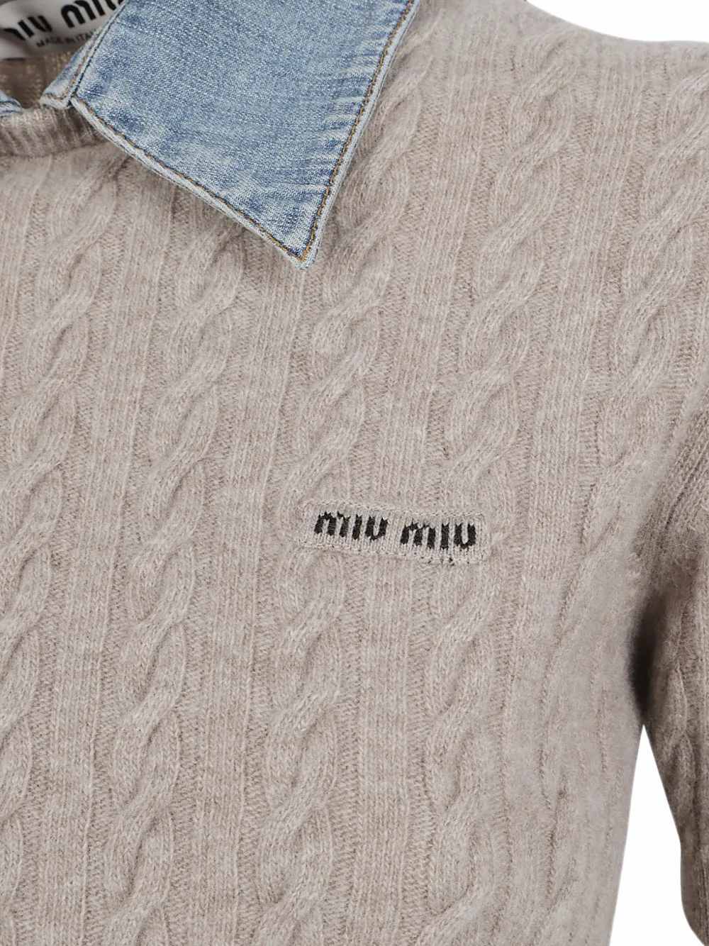 Miu Kabelgebreide top met denim kraag Beige