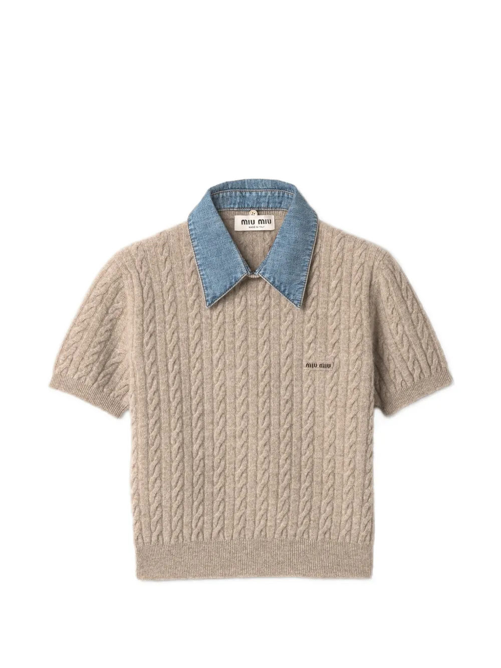 Miu Kabelgebreide trui met denim kraag Beige