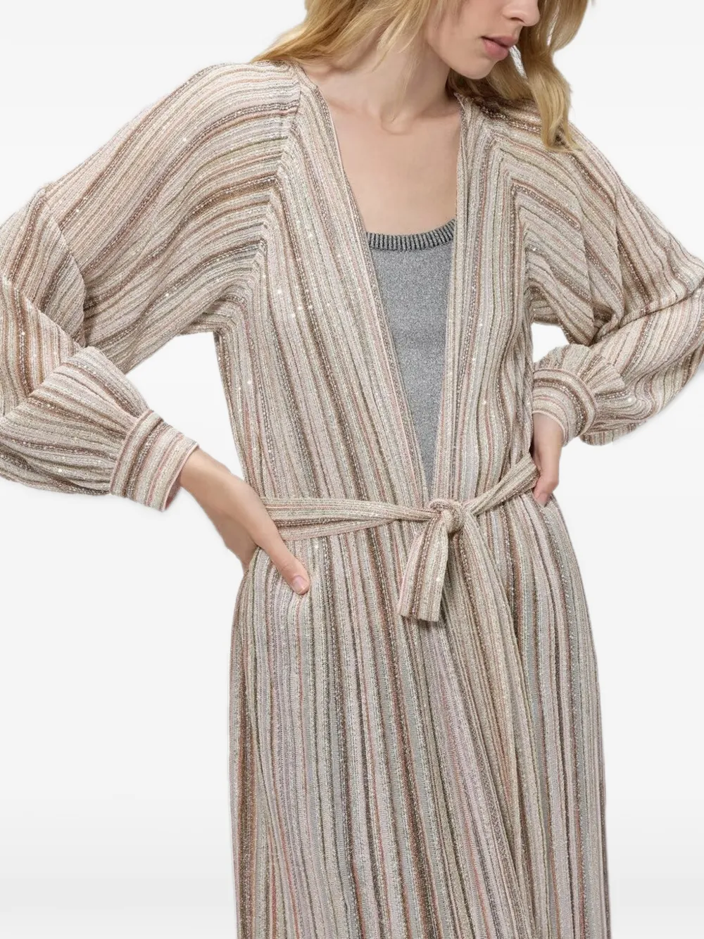 Missoni long ribbed cardigan with belt and sequins Roze