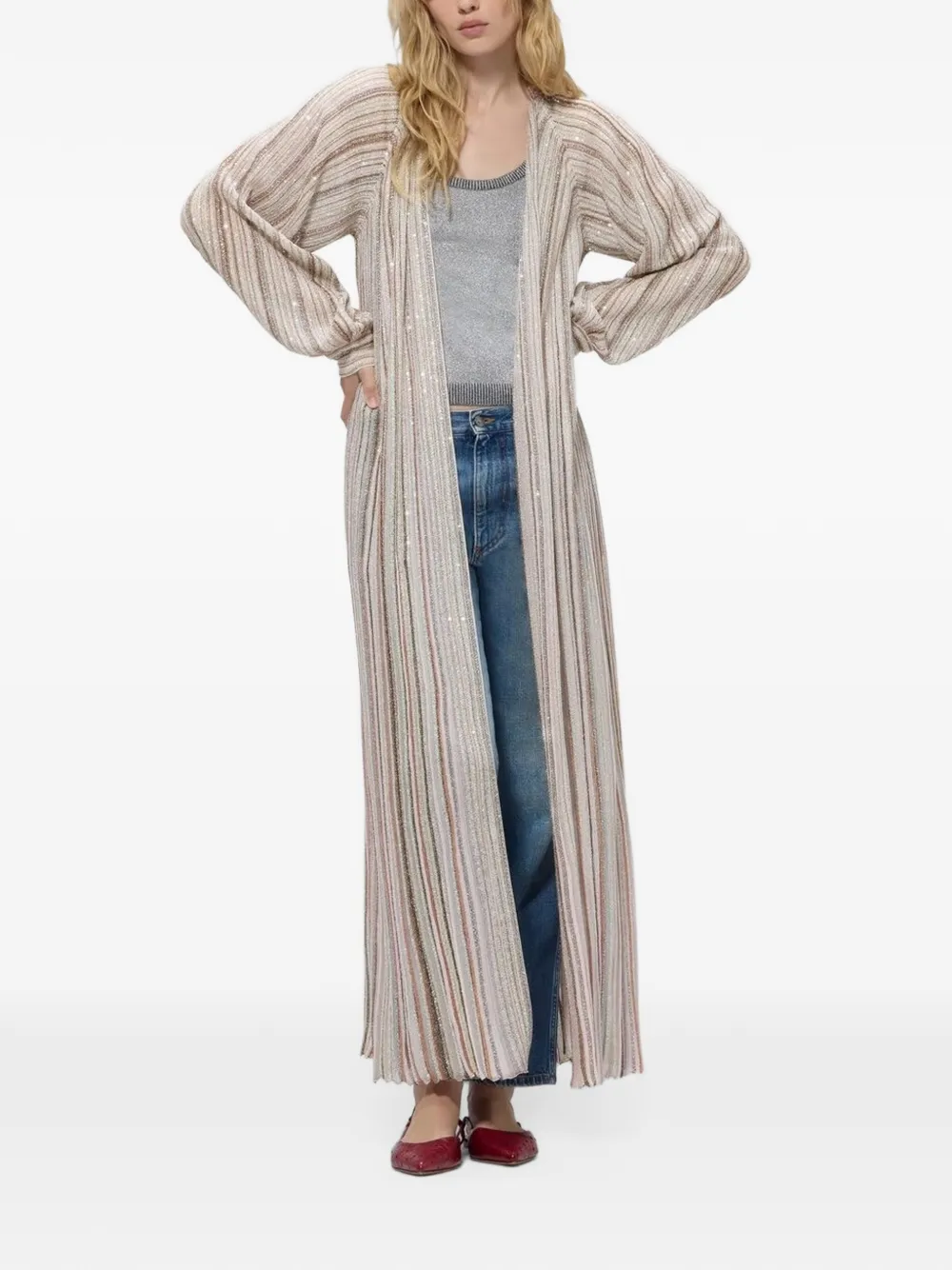 Missoni long ribbed cardigan with belt and sequins Roze