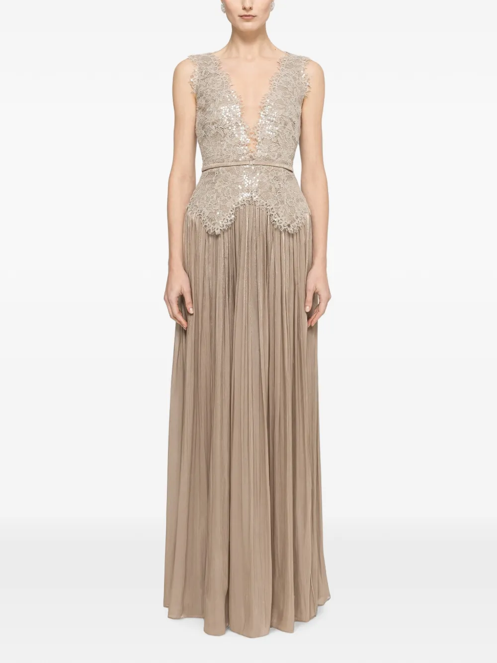 NISSA lace-panel chiffon maxi dress - Toni neutri