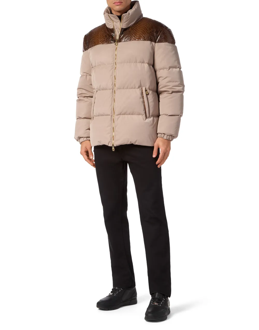 Billionaire Nylon donsjack met python-inzetstukken Beige