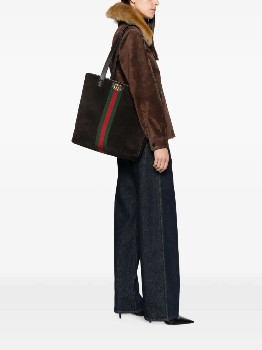 Gucci Suède schoudertas met Web-streep Bruin